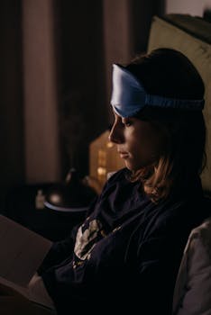 Woman reading in bed wearing sleep mask, creating a cozy nighttime routine.